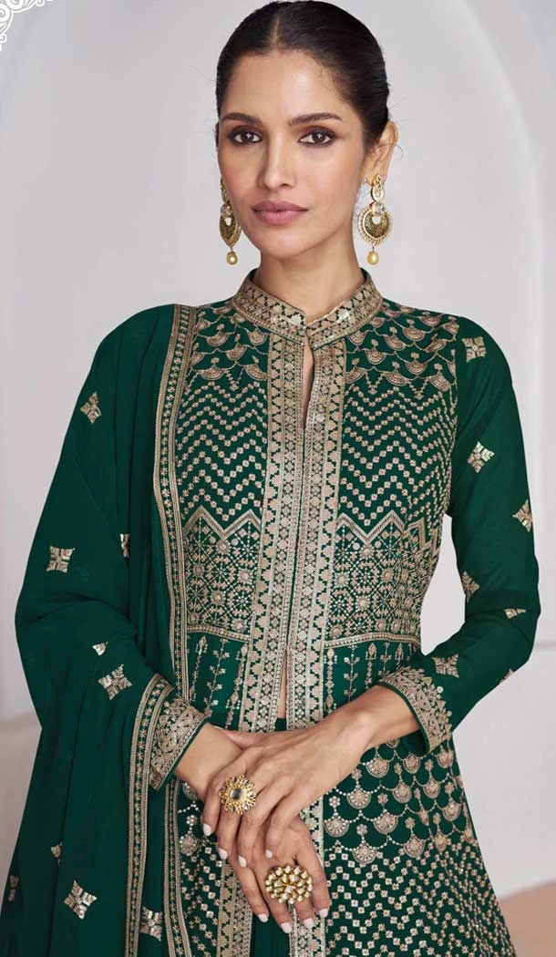 Georgette Embroidery Work Anarkali Style Salwar Suit In Bottle Green - 9728189110