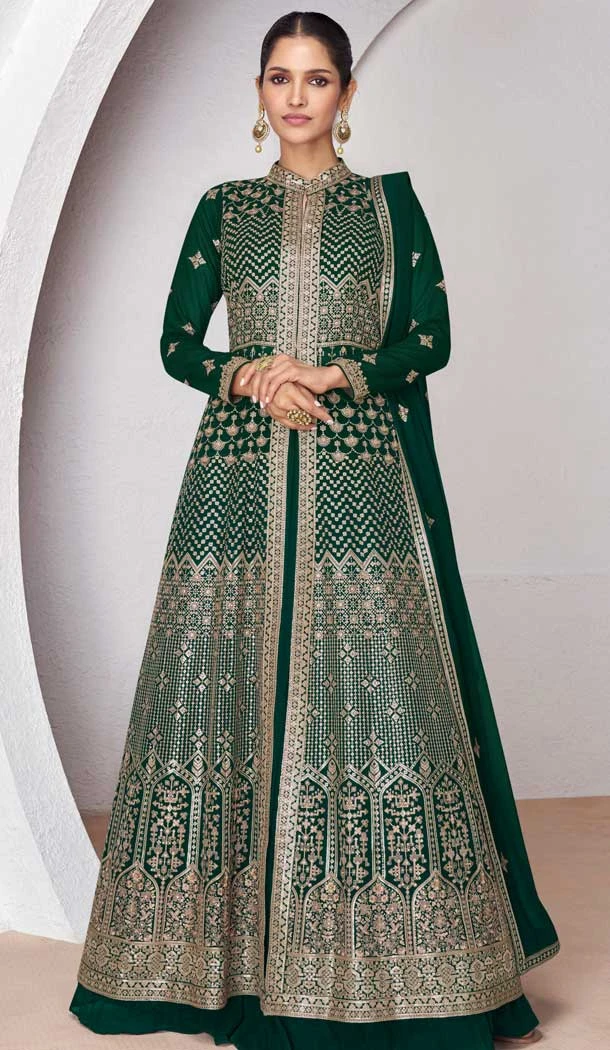 Georgette Embroidery Work Anarkali Style Salwar Suit In Bottle Green - 9728189110