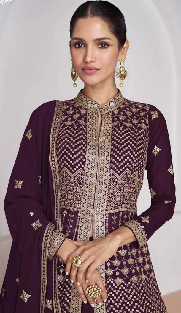 Georgette Embroidery Work Anarkali Style Salwar Suit In Wine - 9728189111