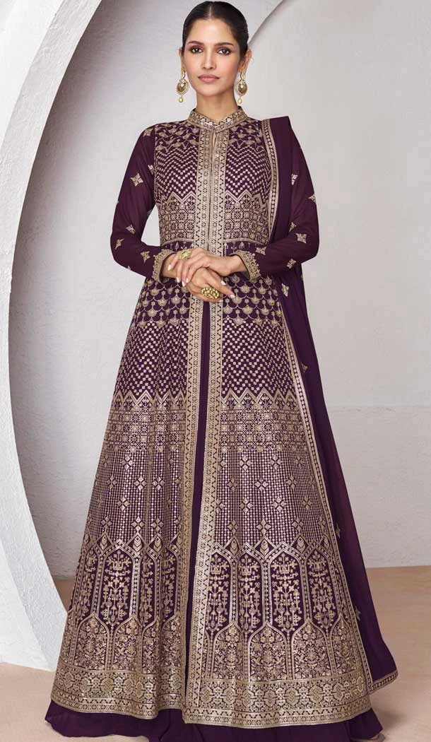 Georgette Embroidery Work Anarkali Style Salwar Suit In Wine - 9728189111