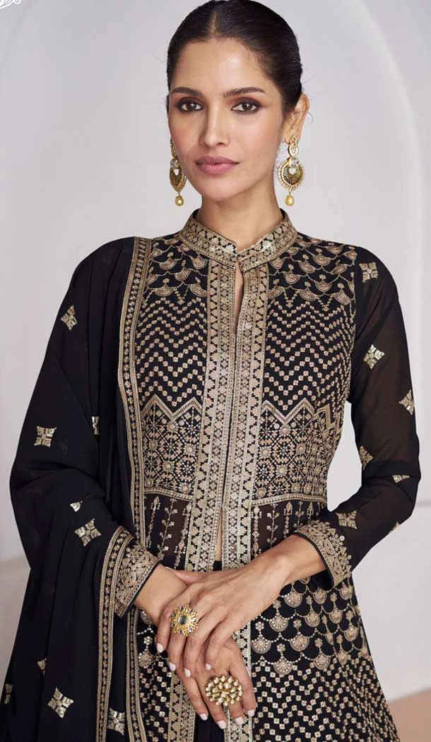 Georgette Embroidery Work Anarkali Style Salwar Suit In Black - 9728189112