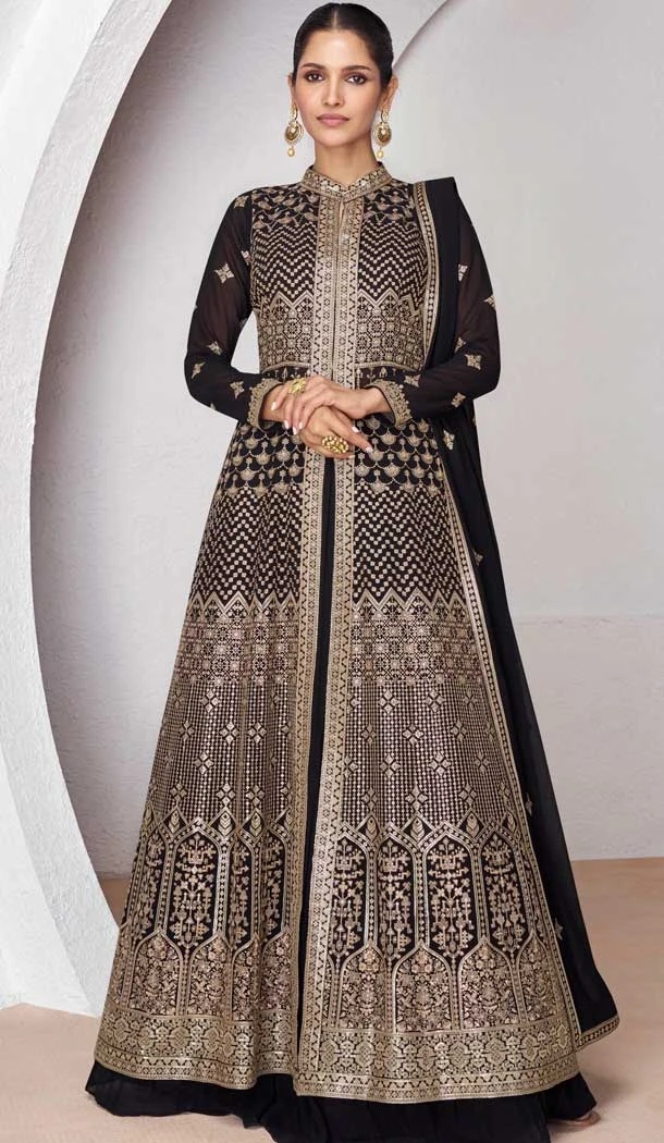 Georgette Embroidery Work Anarkali Style Salwar Suit In Black - 9728189112