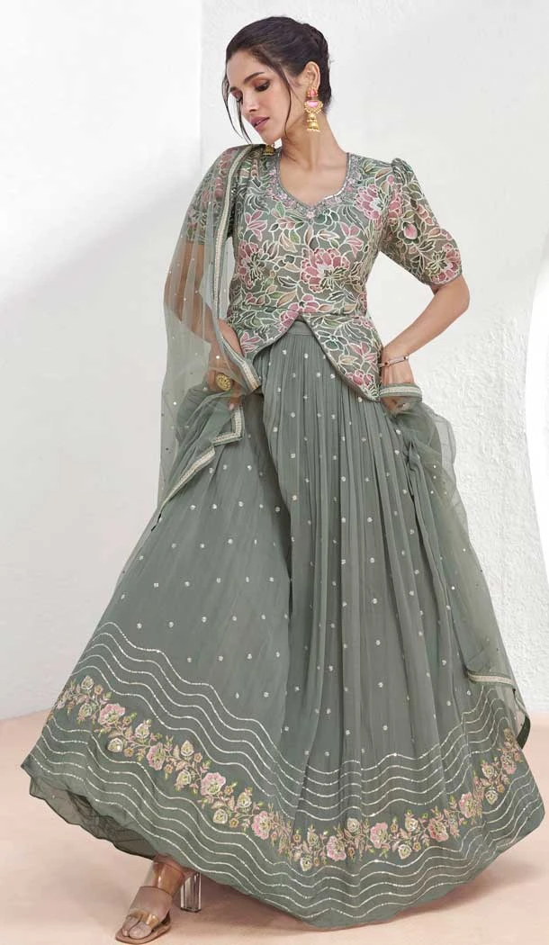 Grey Georgette Embroidered Party Wear Readymade Salwar Suit - 9729189114