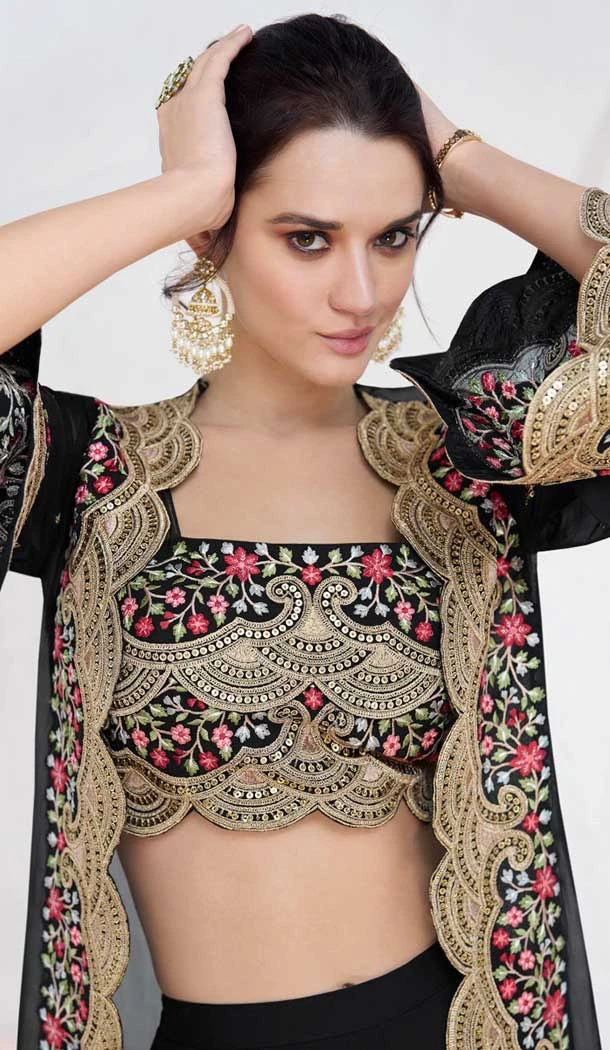 Black Georgette Embroidered Party Wear Readymade Salwar Suit - 9729189115