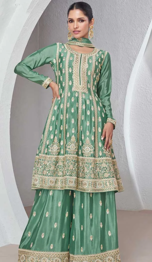 Silk Embroidered Party Wear Palazzo Salwar Kameez In Pista Green - 9731189120