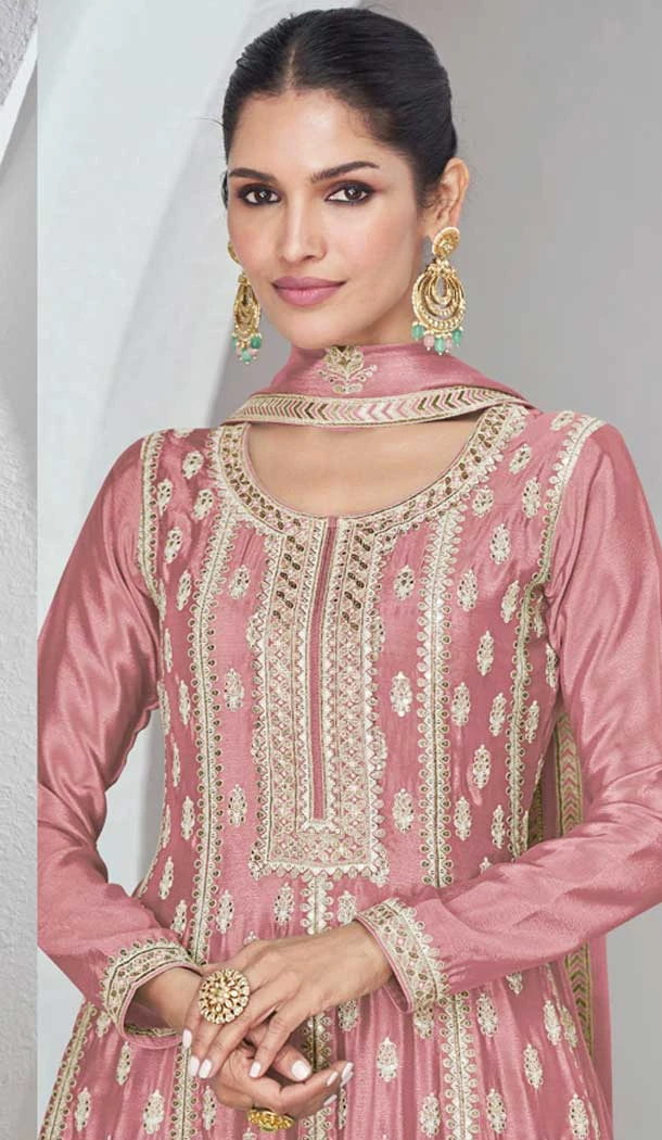 Silk Embroidered Party Wear Palazzo Salwar Kameez In Pink - 9731189121