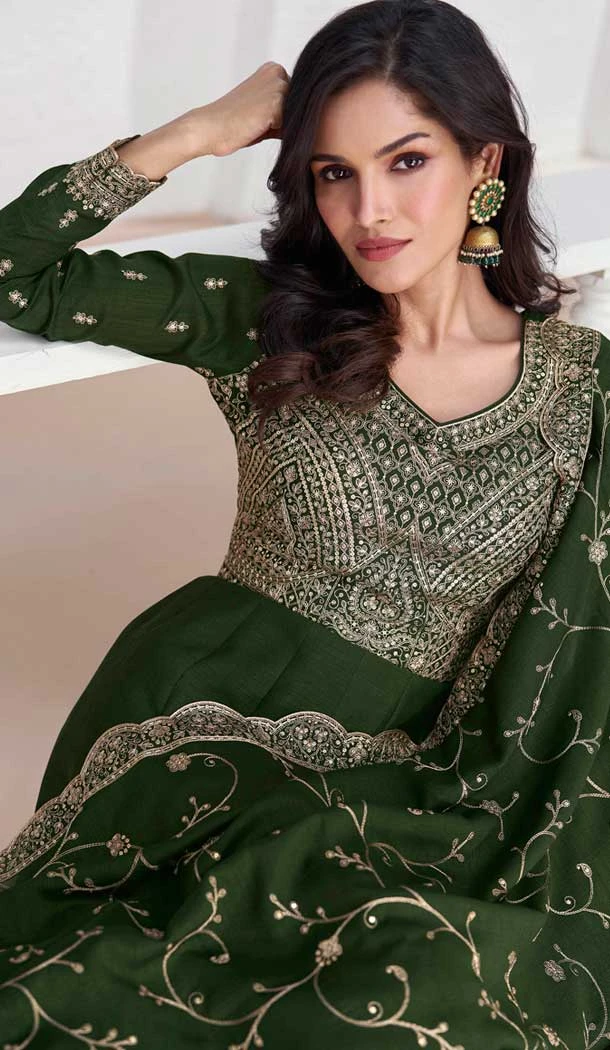 Silk Embroidered Party Wear Readymade Salwar Suit In Bottle Green - 9732189122