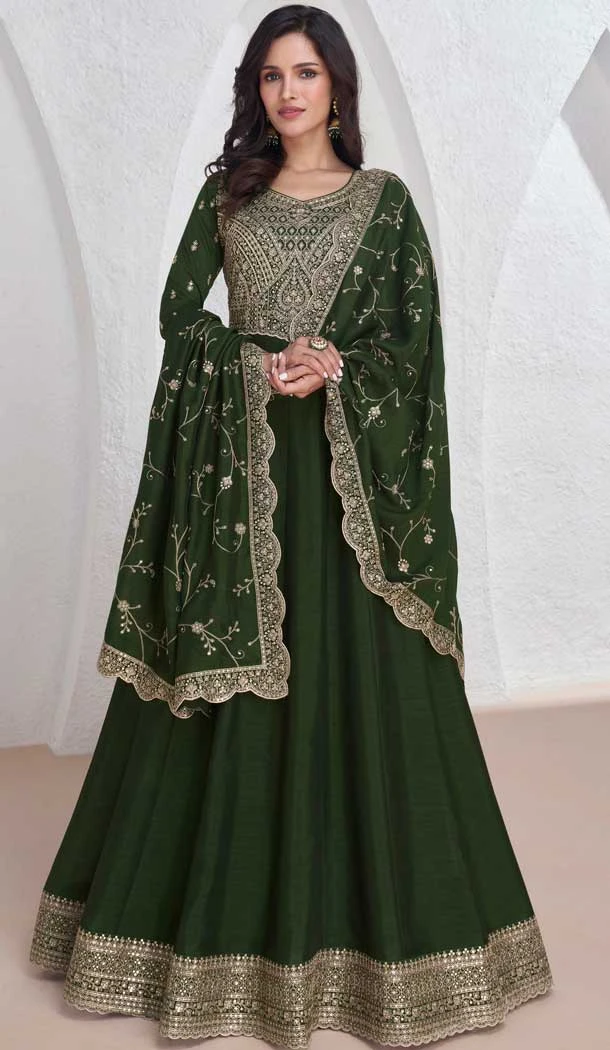 Silk Embroidered Party Wear Readymade Salwar Suit In Bottle Green - 9732189122
