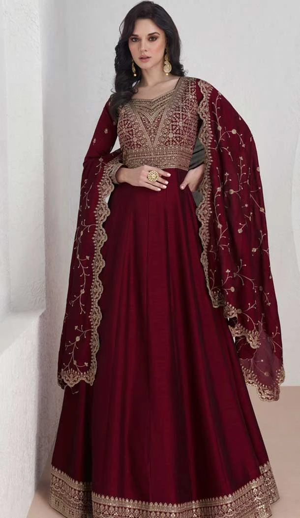 Silk Embroidered Party Wear Readymade Salwar Suit In Maroon - 9732189123