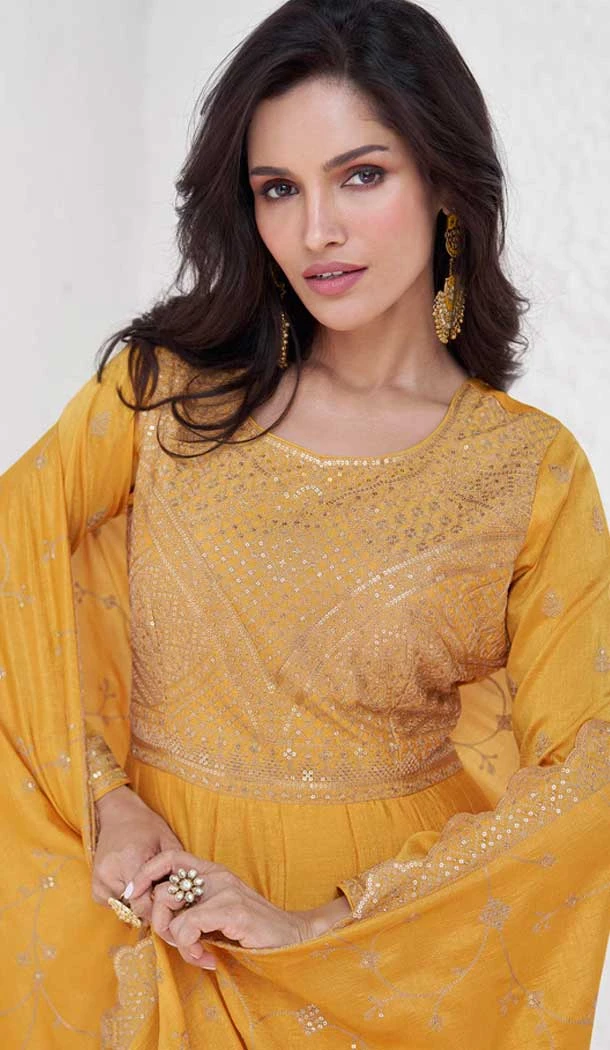 Silk Embroidered Party Wear Readymade Salwar Suit In Mustard - 9732189124
