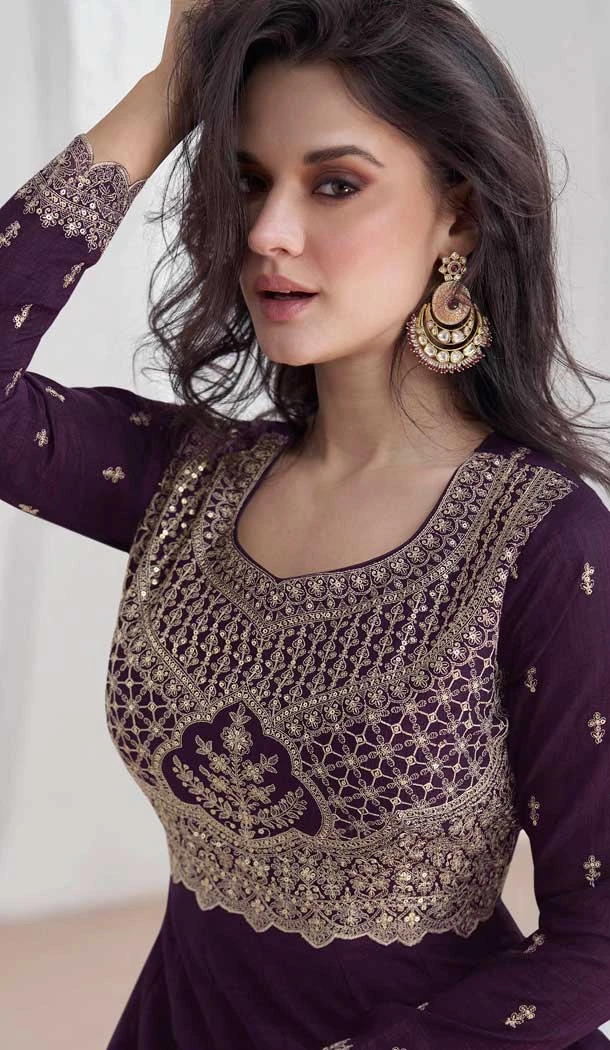 Silk Embroidered Party Wear Readymade Salwar Suit In Dark Purple - 9732189125
