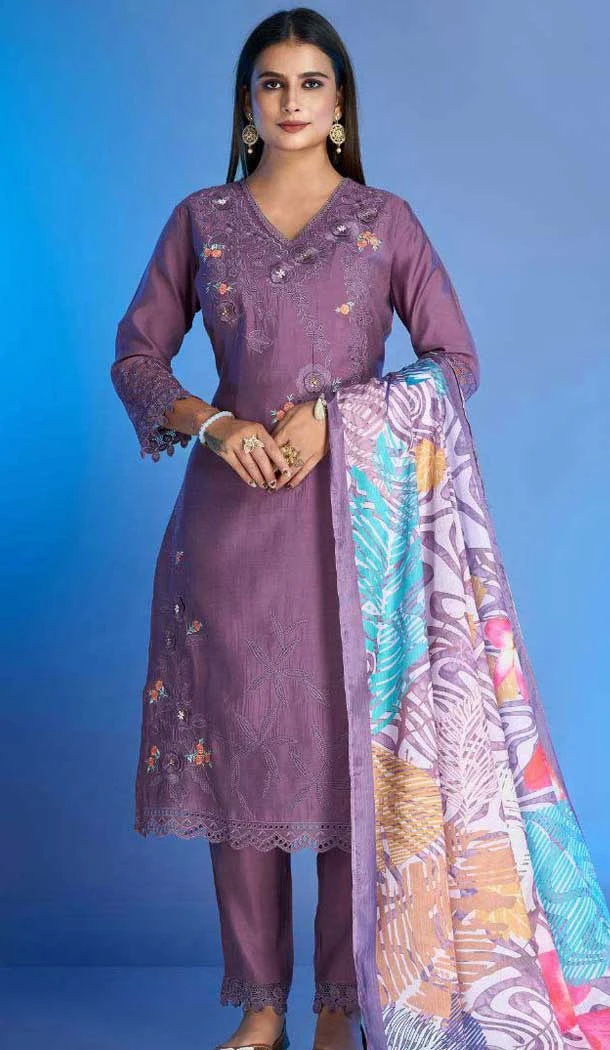 Lavender Roman Silk Embroidered Party Wear Readymade Salwar Kameez - 9846189961