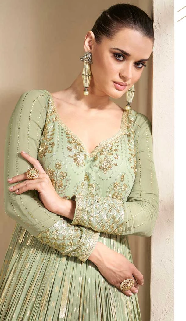 Jacquard Sequins Embroidery Work Party Wear Gown In Pista Green - 9850189975