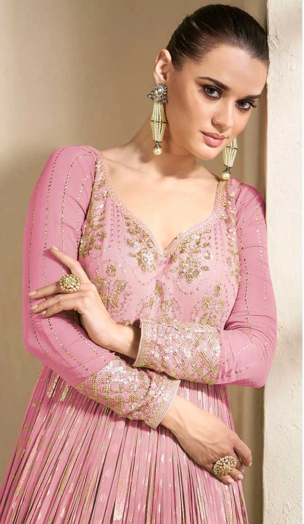 Jacquard Sequins Embroidery Work Party Wear Gown In Pink - 9850189976