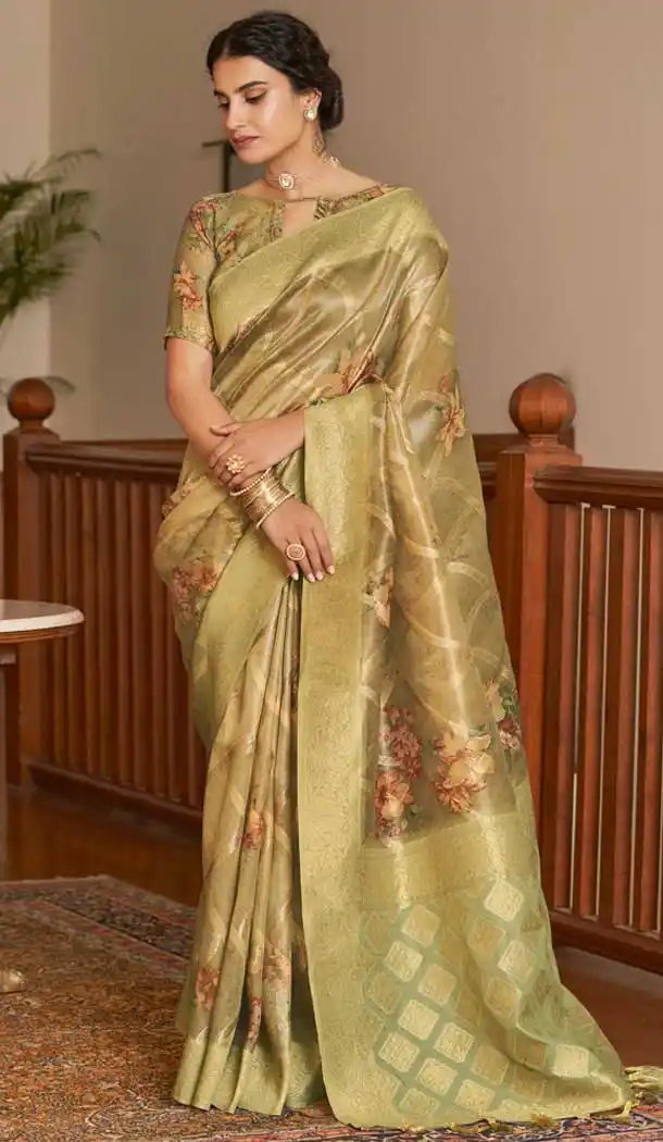 Golden Organza Silk Digital Print Work Designer Party Wear Saree - 9851189979