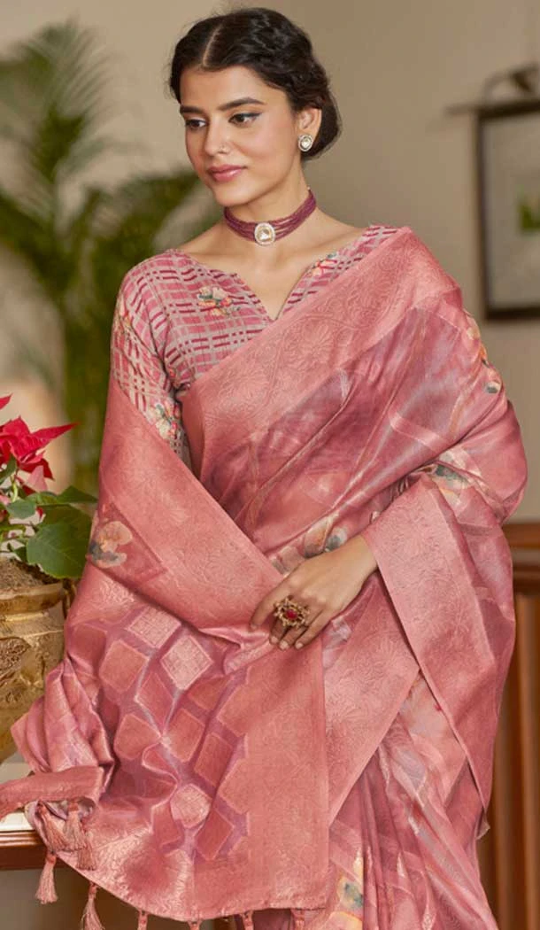 Pink Organza Silk Digital Print Work Designer Party Wear Saree - 9851189980