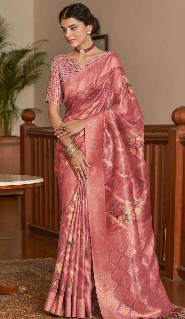 Pink Organza Silk Digital Print Work Designer Party Wear Saree - 9851189980