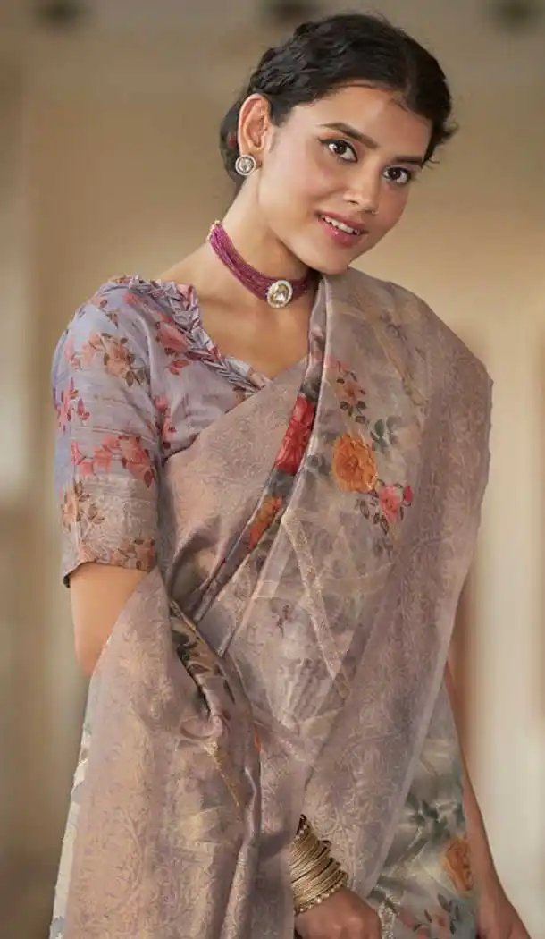 Grey Organza Silk Digital Print Work Designer Party Wear Saree - 9851189982