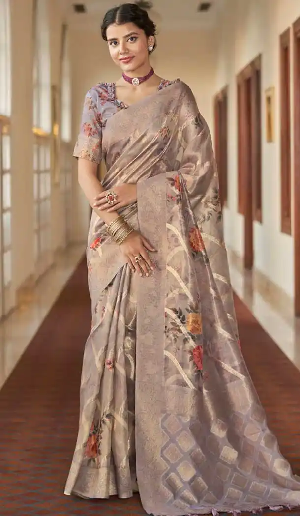 Grey Organza Silk Digital Print Work Designer Party Wear Saree - 9851189982