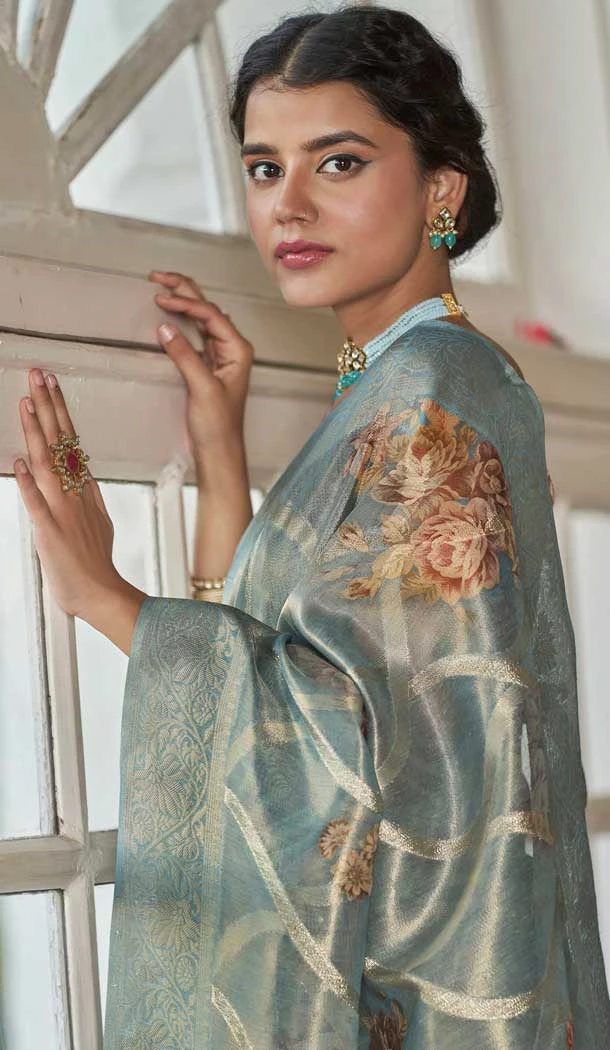 Sky Blue Organza Silk Digital Print Work Designer Party Wear Saree - 9851189984