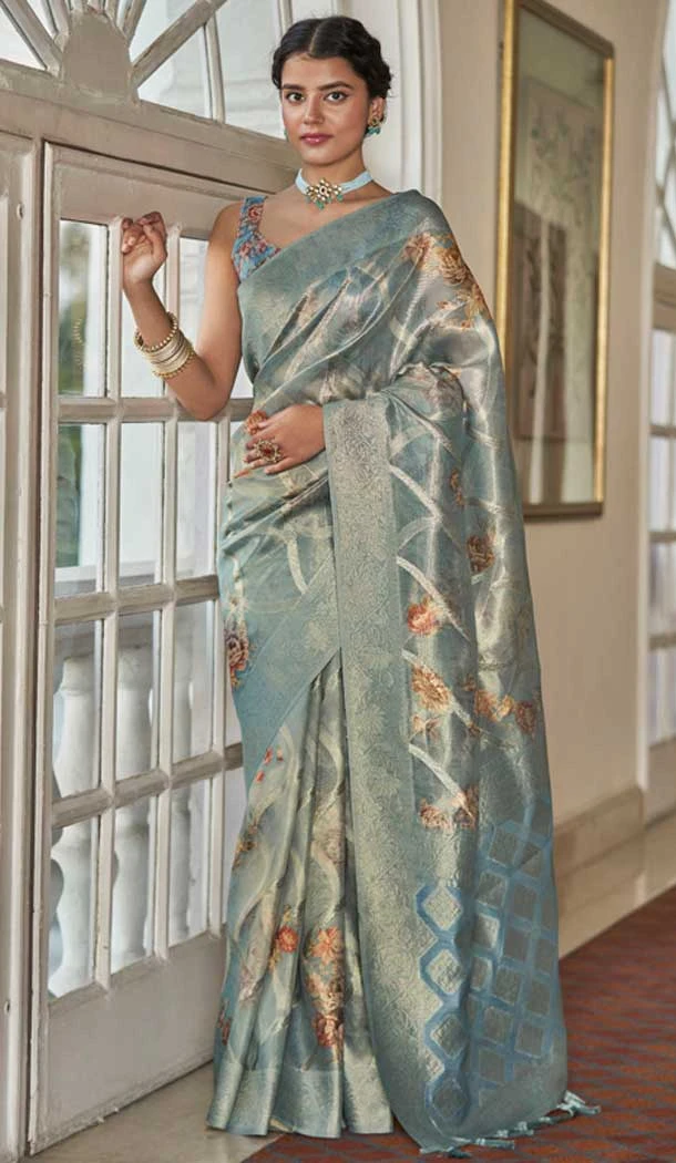 Sky Blue Organza Silk Digital Print Work Designer Party Wear Saree - 9851189984