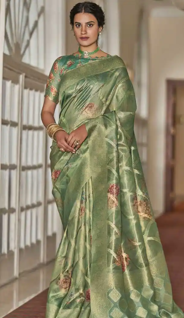 Light Green Organza Silk Digital Print Work Designer Party Wear Saree - 9851189985