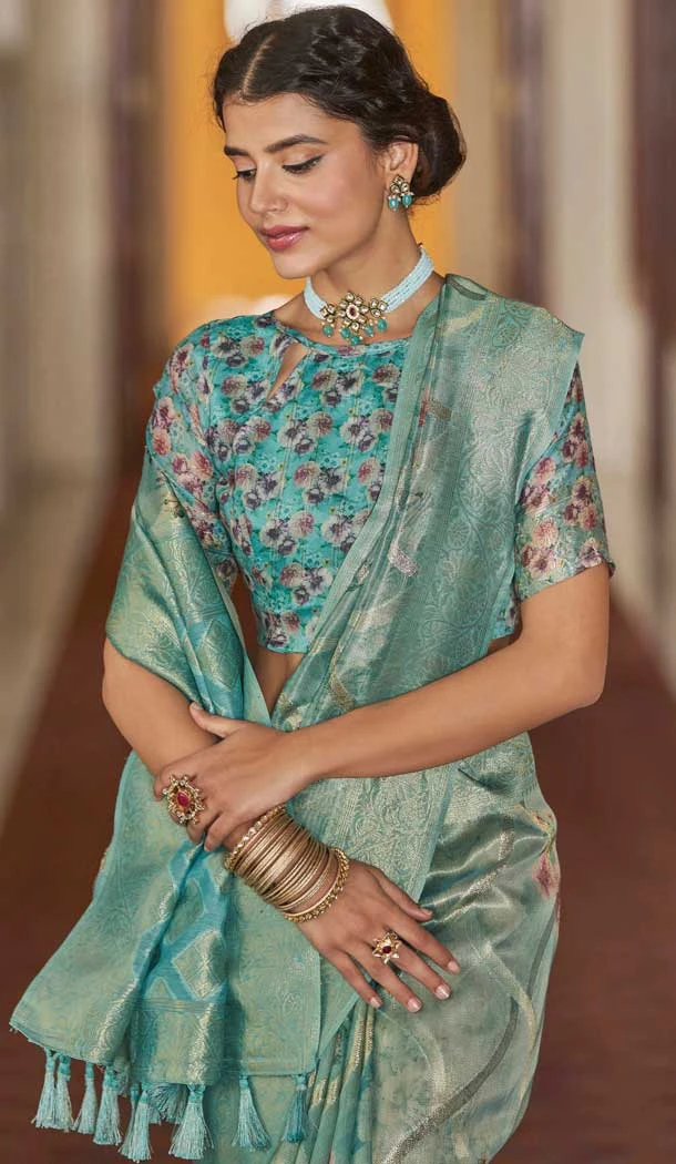 Sea Blue Organza Silk Digital Print Work Designer Party Wear Saree - 9851189986