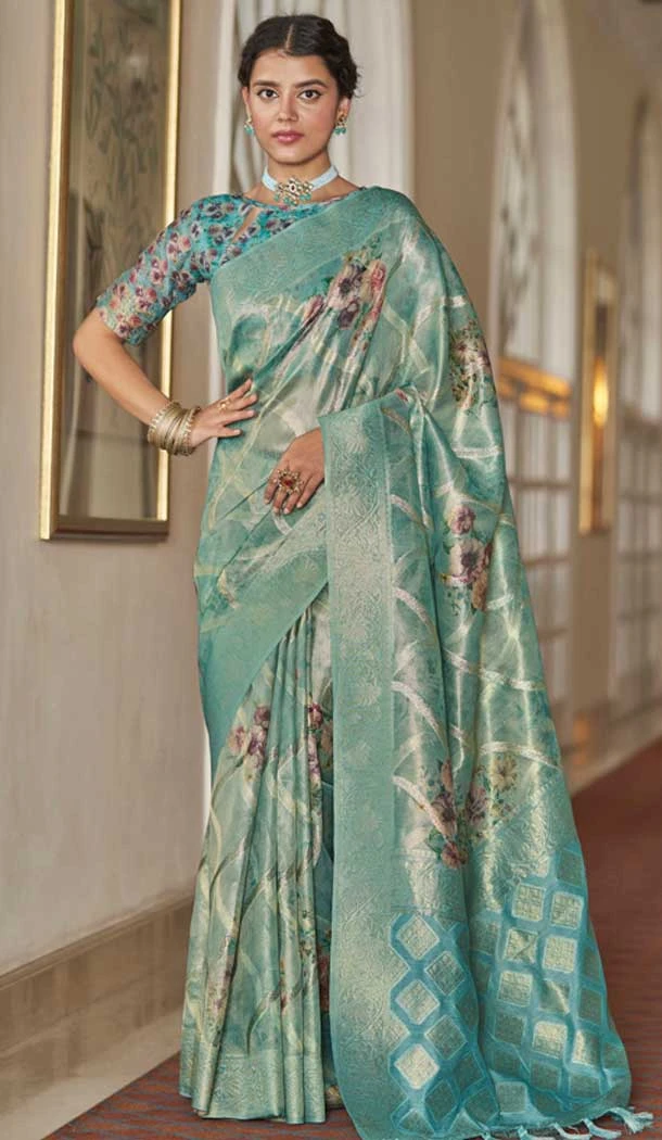 Sea Blue Organza Silk Digital Print Work Designer Party Wear Saree - 9851189986