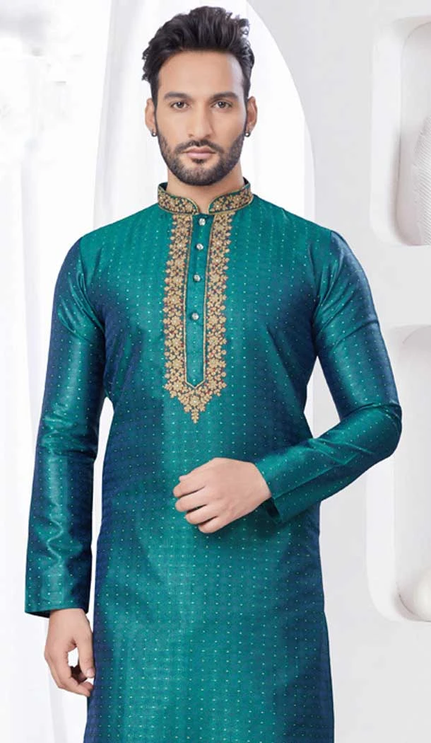 Rama Green Silk Zari Work Mens Readymade Kurta Pajama - 9704188878