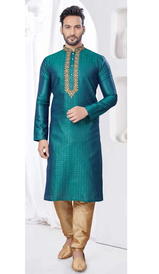 Rama Green Silk Zari Work Mens Readymade Kurta Pajama - 9704188878