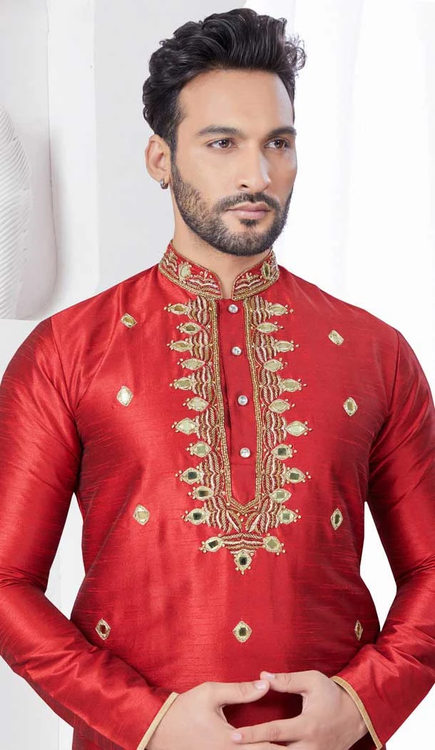 Maroon Art Silk Zari Work Mens Readymade Kurta Pajama - 9704188880