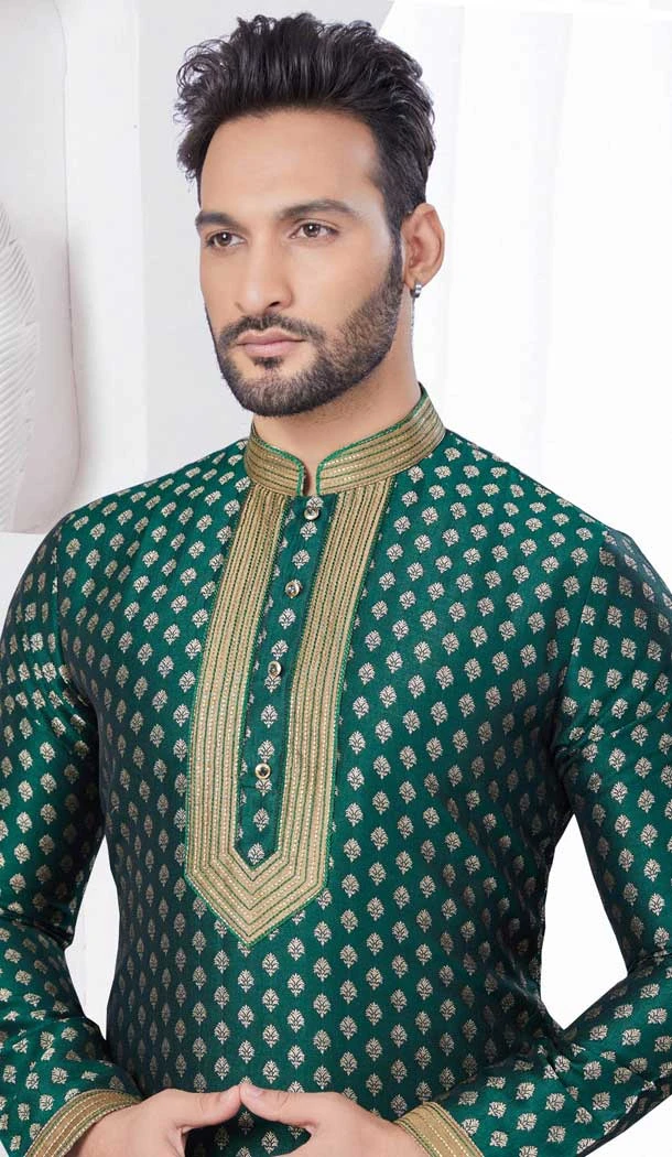 Green Silk Resham Work Mens Readymade Kurta Pajama - 9704188881