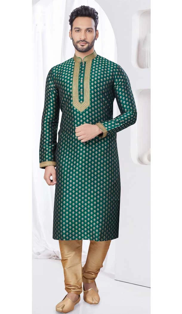 Green Silk Resham Work Mens Readymade Kurta Pajama - 9704188881