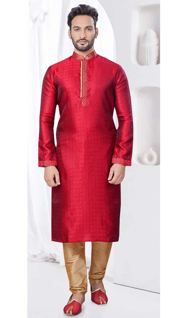 Maroon Silk Resham Work Mens Readymade Kurta Pajama - 9704188882
