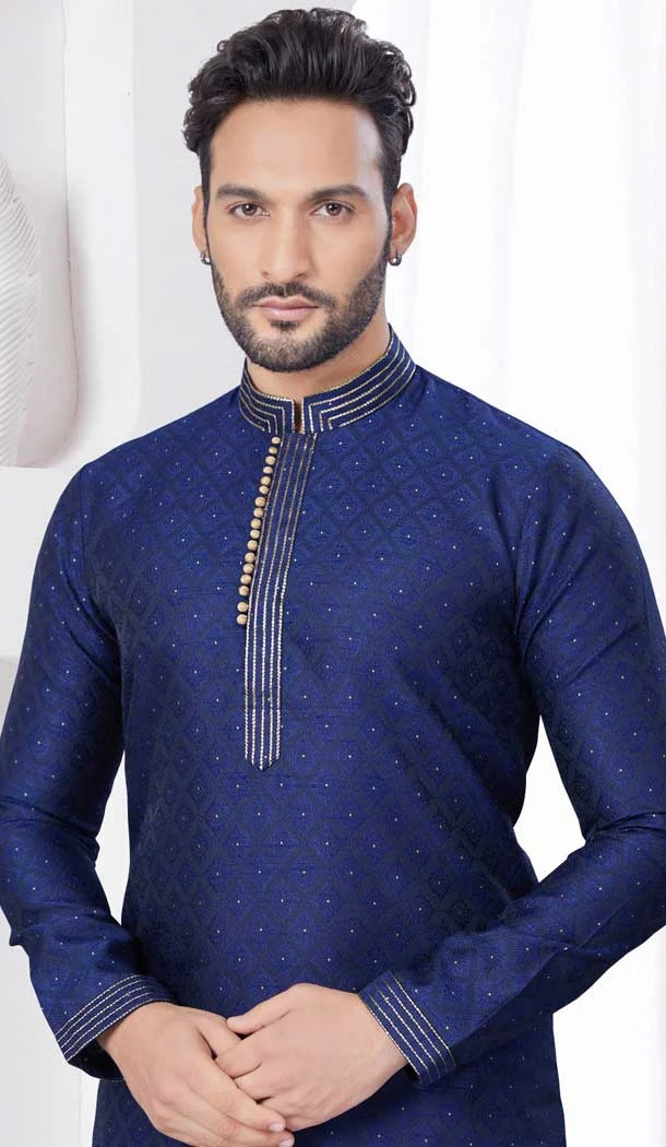 Navy Blue Silk Resham Work Mens Readymade Kurta Pajama - 9704188883