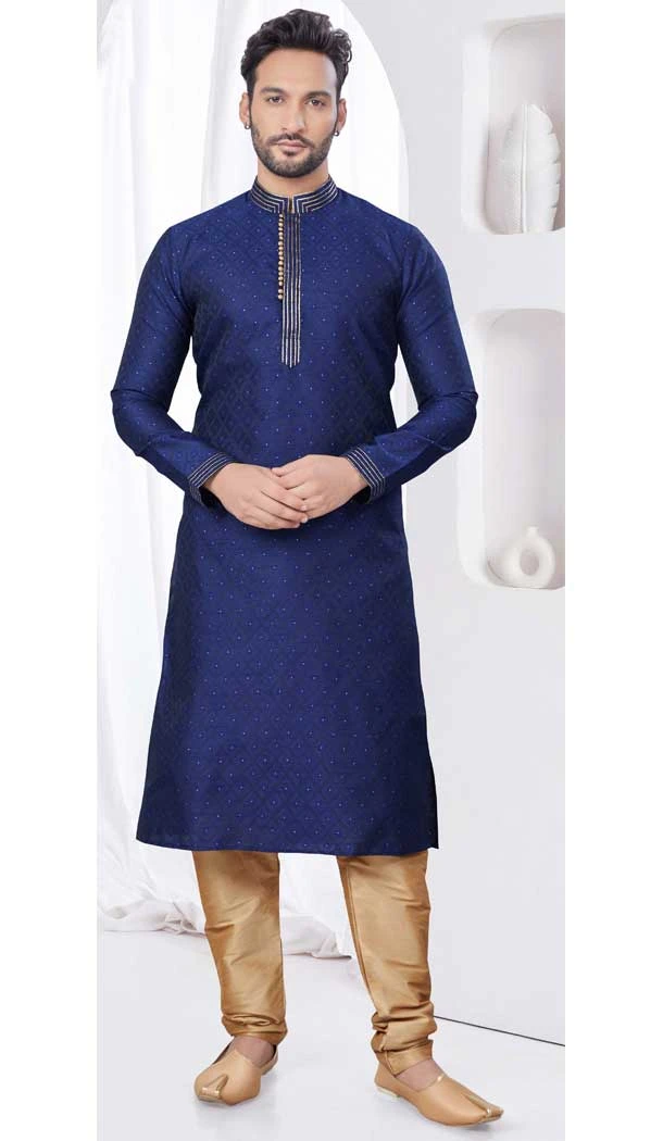 Navy Blue Silk Resham Work Mens Readymade Kurta Pajama - 9704188883