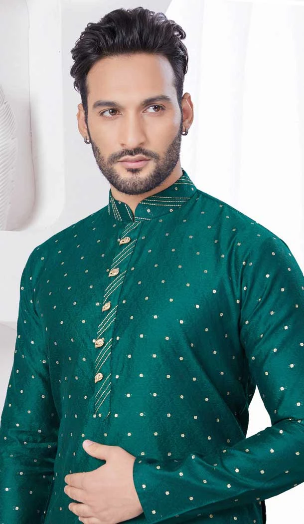 Green Silk Resham Work Mens Readymade Kurta Pajama - 9704188884