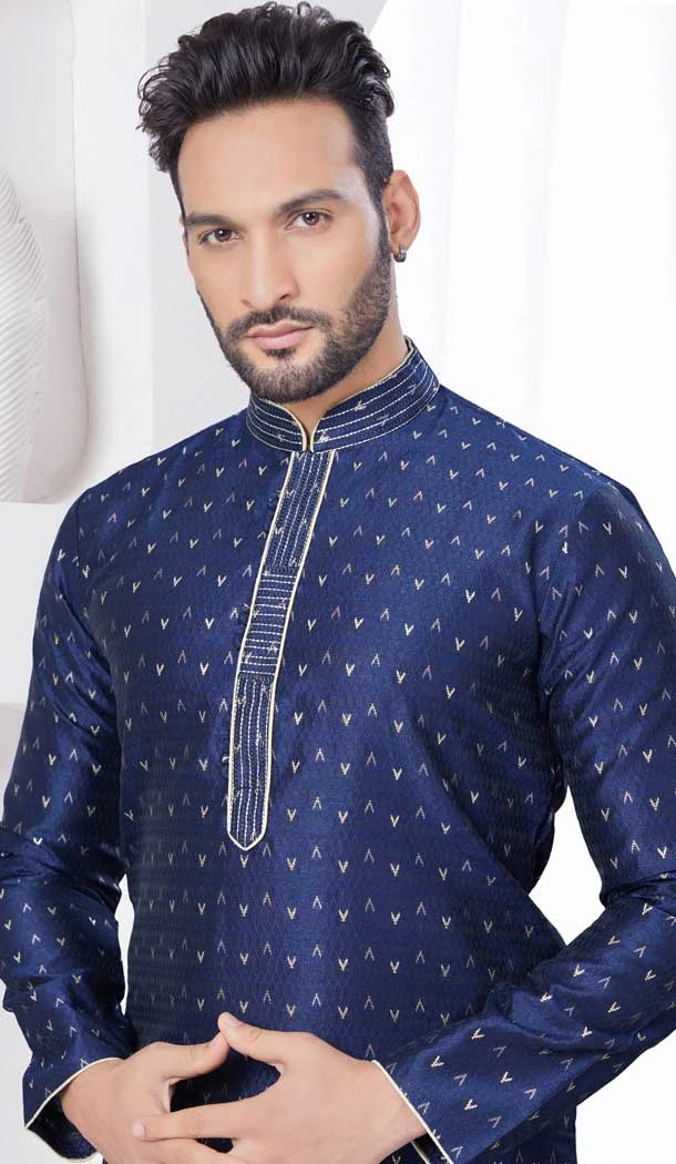 Silk Resham Work Mens Readymade Kurta Pajama In Navy Blue - 9704188885