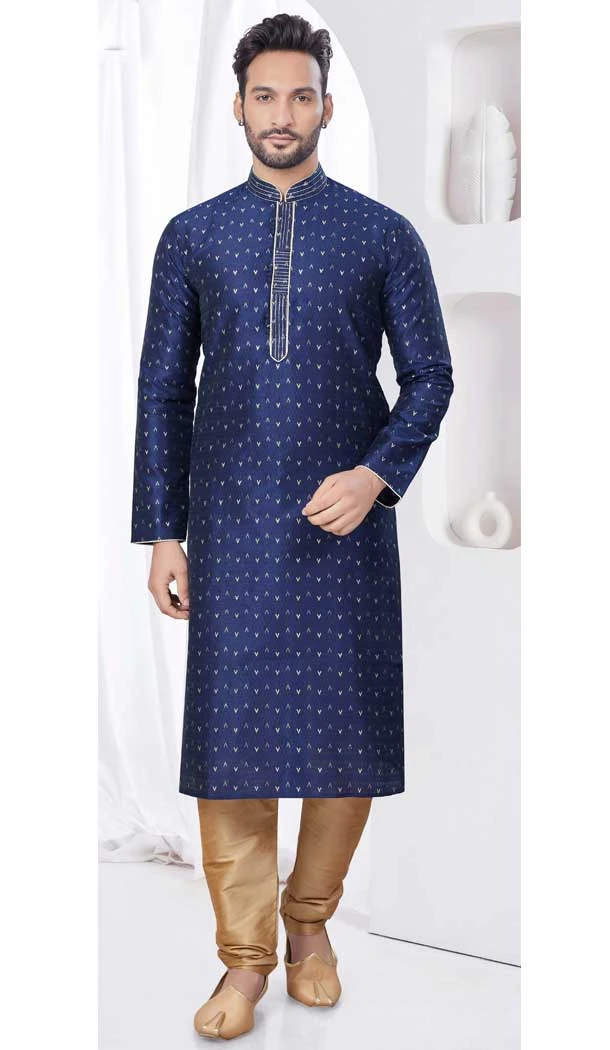 Silk Resham Work Mens Readymade Kurta Pajama In Navy Blue - 9704188885