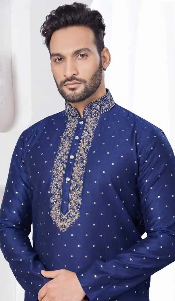 Navy Blue Jacquard Silk Resham Work Mens Readymade Kurta Pajama - 9704188890