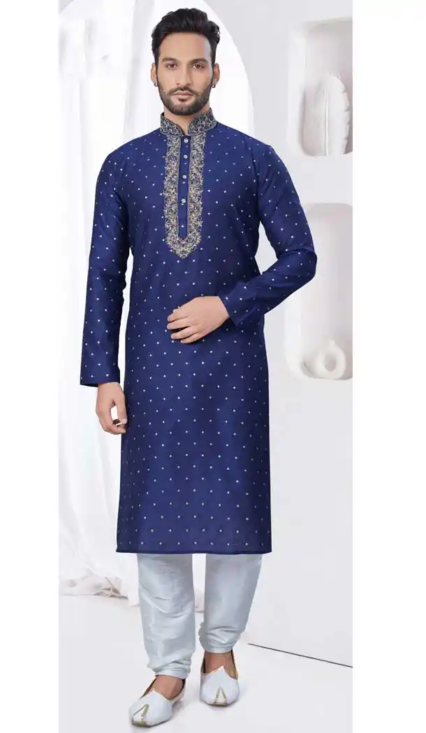 Navy Blue Jacquard Silk Resham Work Mens Readymade Kurta Pajama - 9704188890