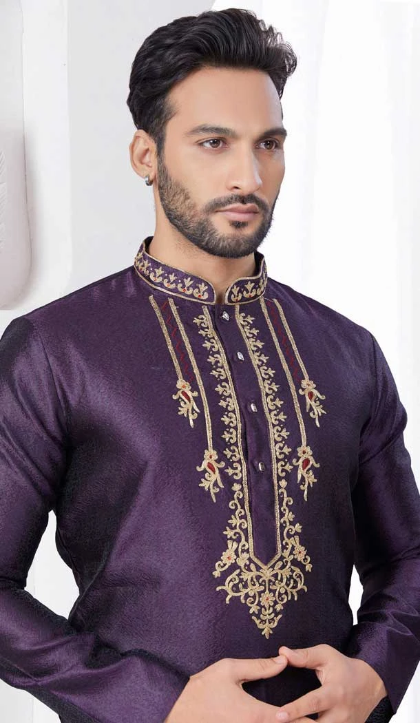 Wine Silk Zari Work Mens Readymade Kurta Pajama - 9704188891