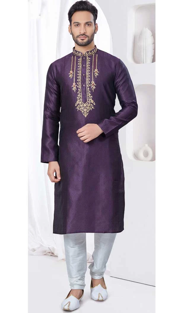 Wine Silk Zari Work Mens Readymade Kurta Pajama - 9704188891