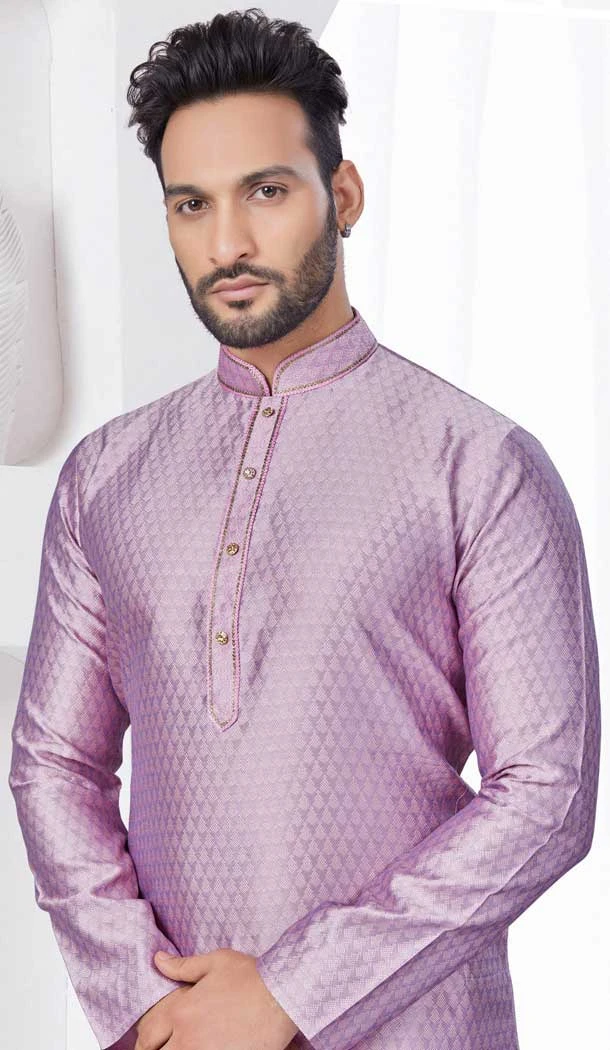 Lavender Silk Traditional Work Mens Readymade Kurta Pajama - 9704188892