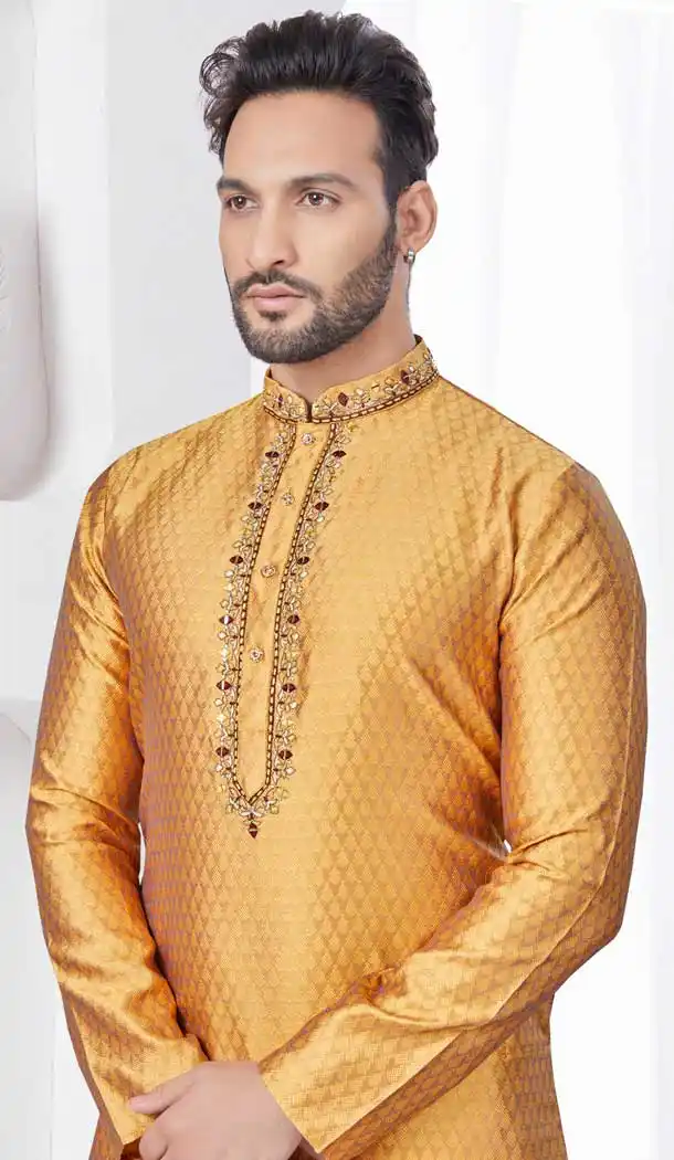 Mustard Silk Resham Work Mens Readymade Kurta Pajama - 9704188893