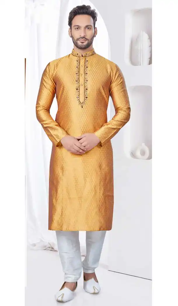 Mustard Silk Resham Work Mens Readymade Kurta Pajama - 9704188893