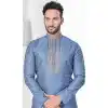 Bluish Grey Silk Resham Work Mens Readymade Plus Size Kurta Pajama - 9704188894