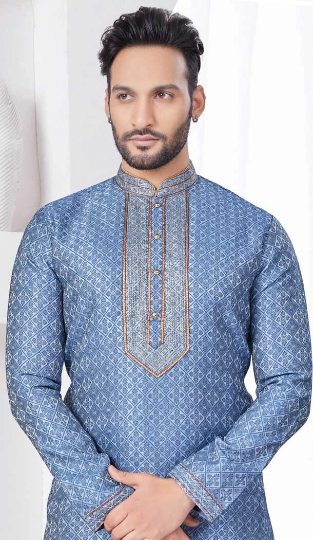 Bluish Grey Silk Resham Work Mens Readymade Kurta Pajama - 9704188894