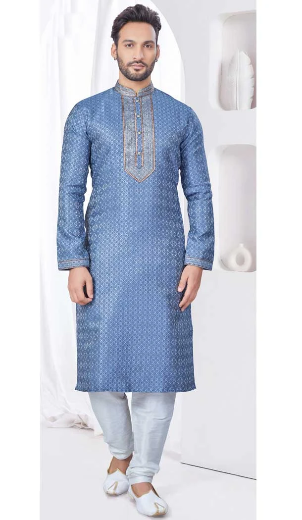 Bluish Grey Silk Resham Work Mens Readymade Kurta Pajama - 9704188894