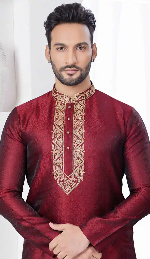 Maroon Silk Zari Work Mens Readymade Kurta Pajama - 9704188895